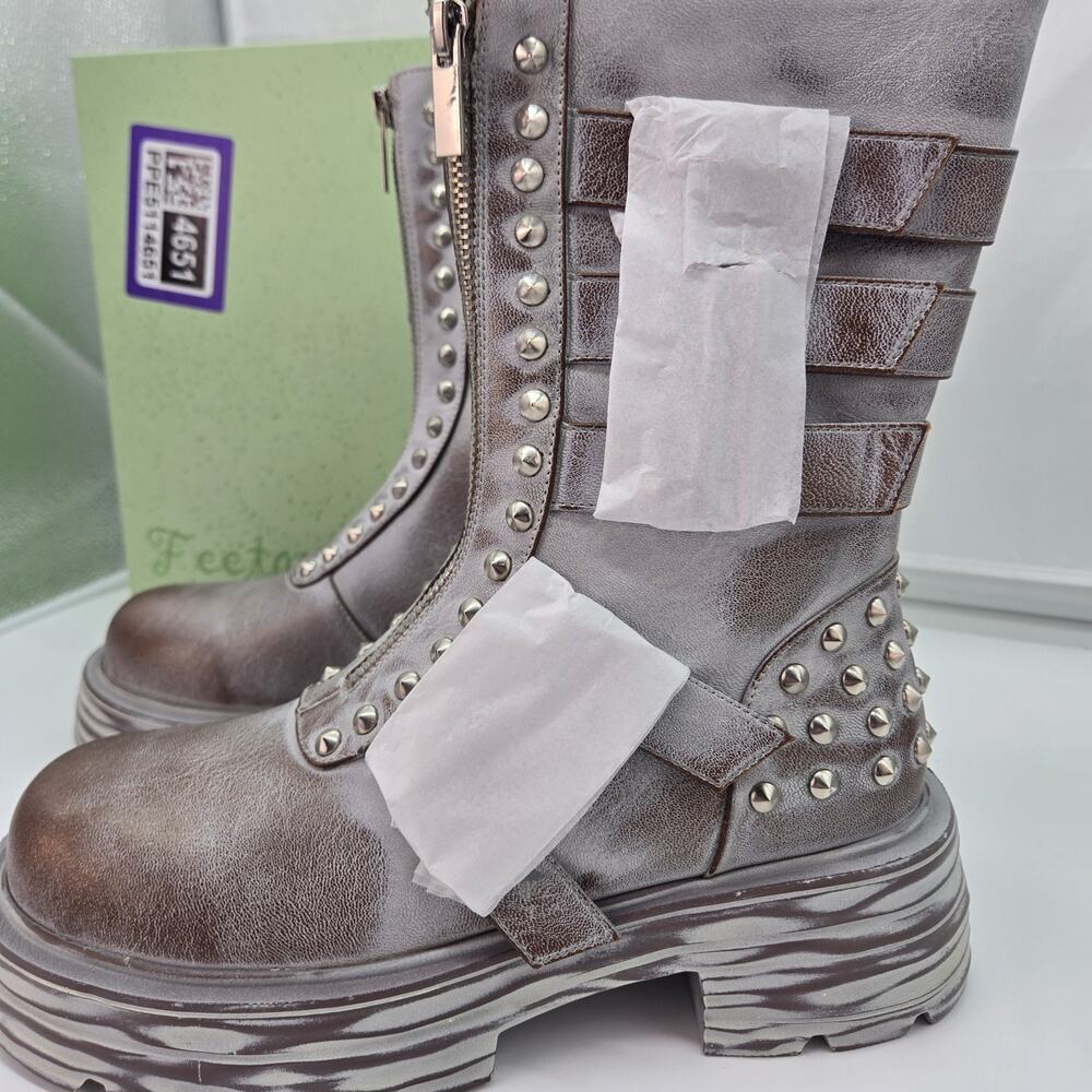 Platform Combat Boots Sz 10 Goth Punk Studded Buckle Mid Calf Whitewashed NEW